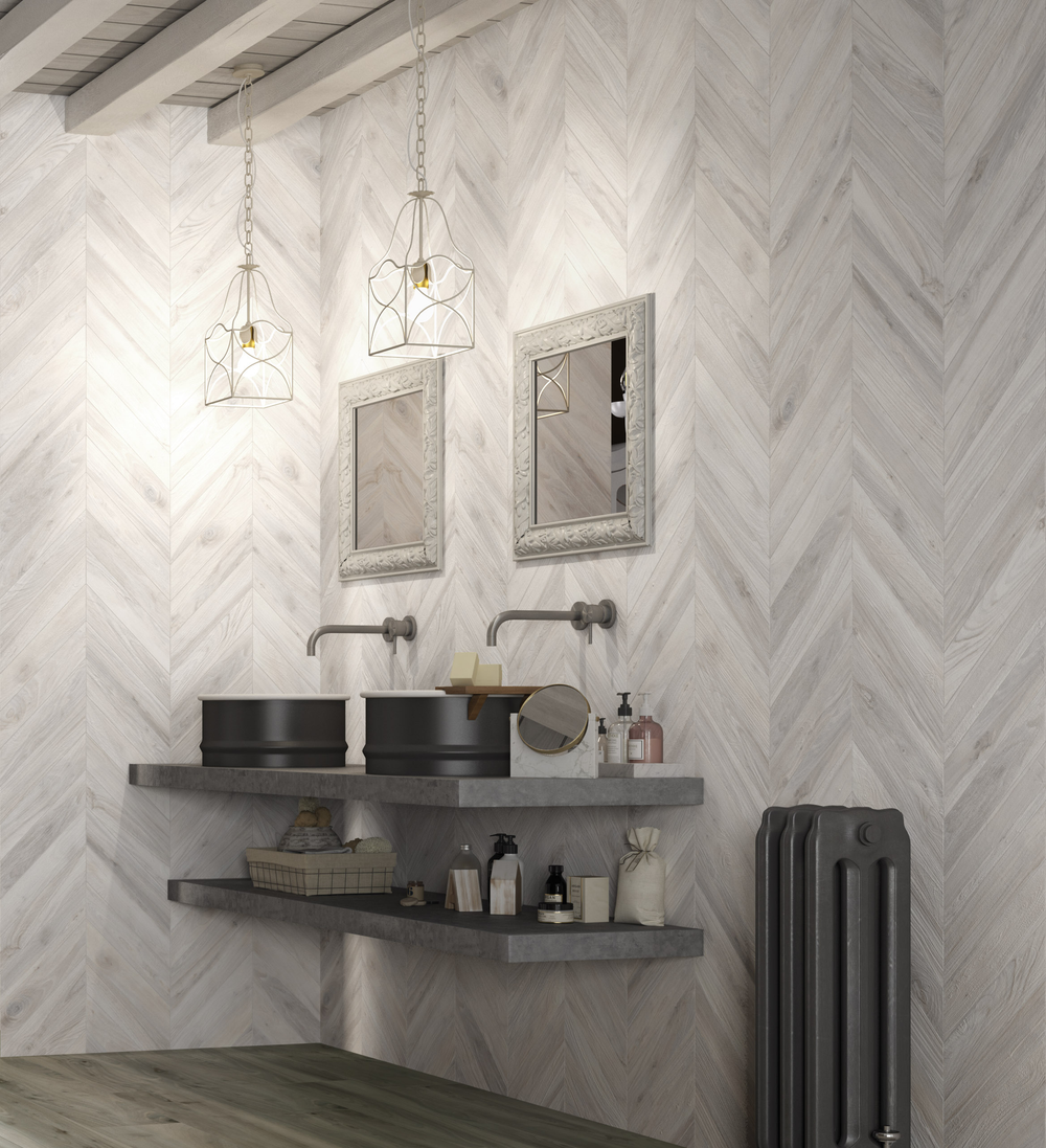 Foresta 3x16 White Wood Look Chevron Porcelain Tile